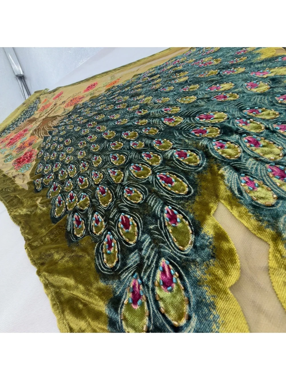 %100 SILK Vintage Beaded Velvet Peacock Scarf Wrap Shawl Olive Green Whimsigoth